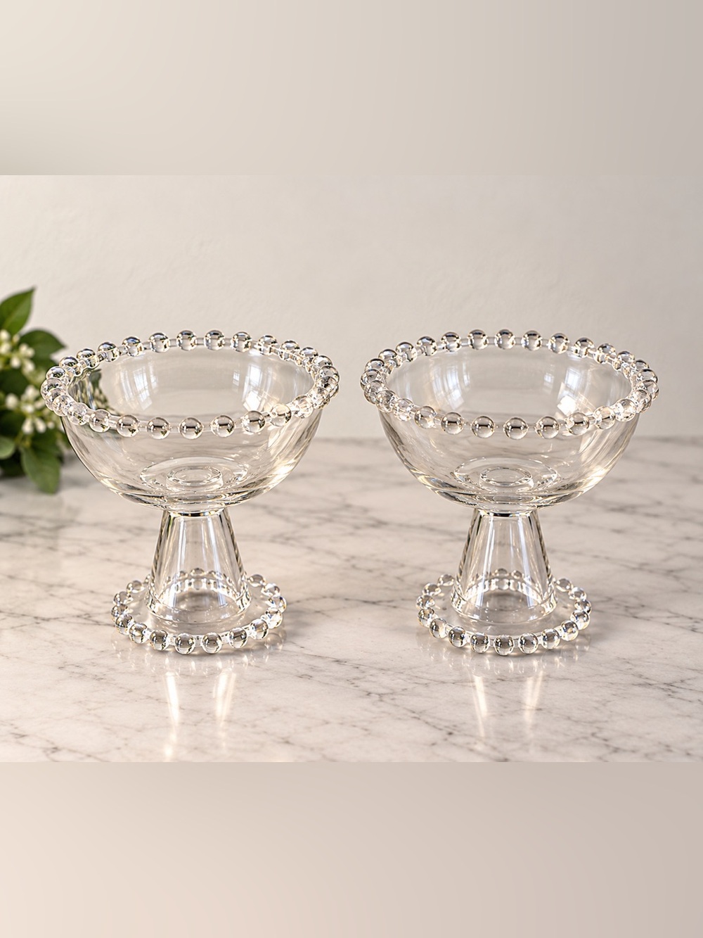 Clear Glass Pedestal Dessert Bowls with Beaded Rim - Set of 2